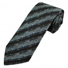 Profuomo "Sky Blue" Label Navy, Brown, Silver & Ivory Striped Patterned Men's Silk Designer Tie