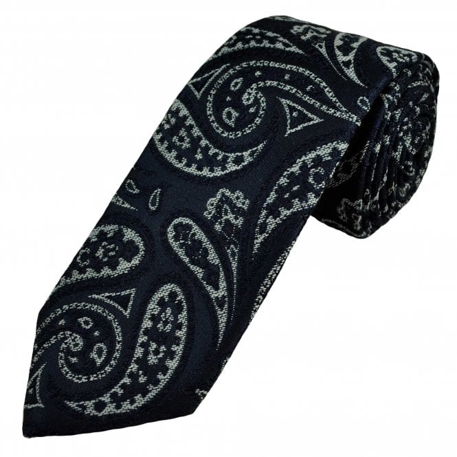 Profuomo "Sky Blue" Label Navy & Silver Paisley Patterned Men's Wool & Silk Designer Tie
