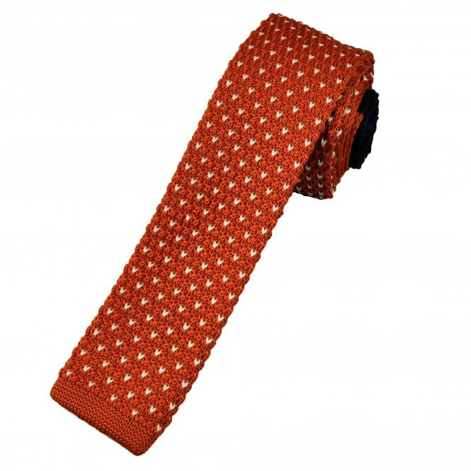 Pumpkin Orange & White V Pattern Men's Skinny Knitted Tie