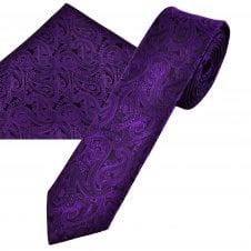 Purple Paisley Pattern Men's Skinny Tie & Pocket Square Handkerchief Set