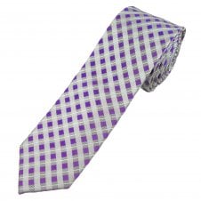 Purple, White & Silver Checked Men's Silk Narrow Tie