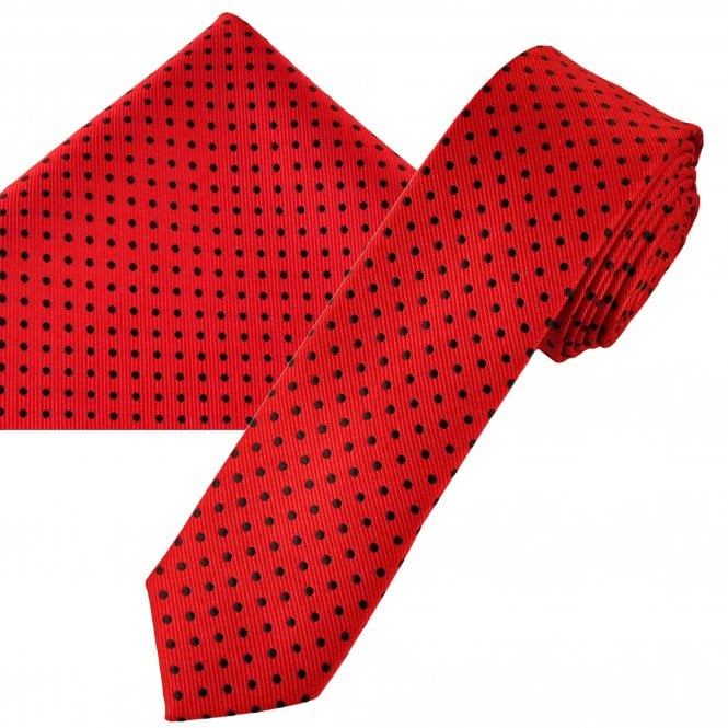 Red & Black Polka Dot Men's Skinny Tie & Pocket Square Handkerchief Set