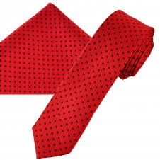Red & Black Polka Dot Men's Skinny Tie & Pocket Square Handkerchief Set