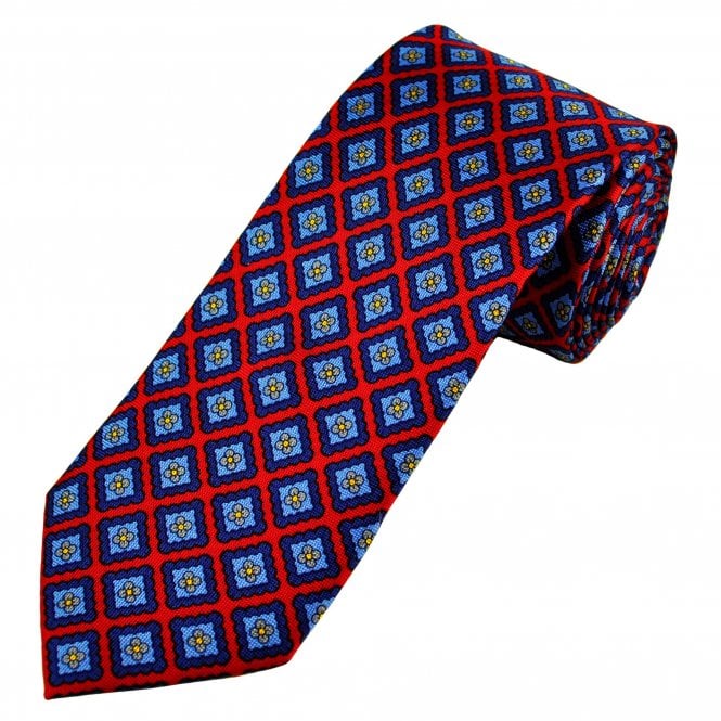 Red, Blue, Beige & Yellow Checked Floral Patterned Men's Silk Tie