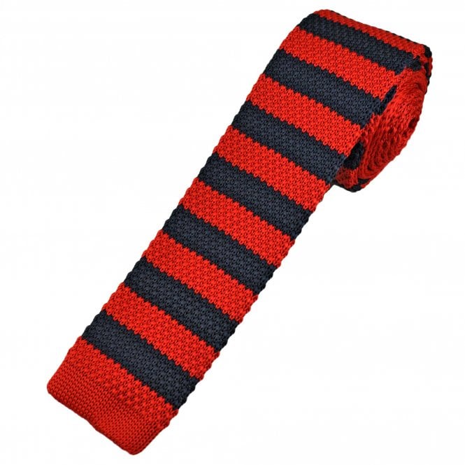 Red & Navy Blue Horizontal Stripe Men's Skinny Knitted Tie