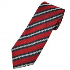 Red, Navy Blue & Silver White Stripe Pattern Men's Silk Tie
