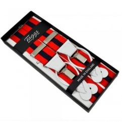 Red & Navy Blue Striped Trouser Braces (with White Leather Dual 2 in 1 Button and Clip Attachment)