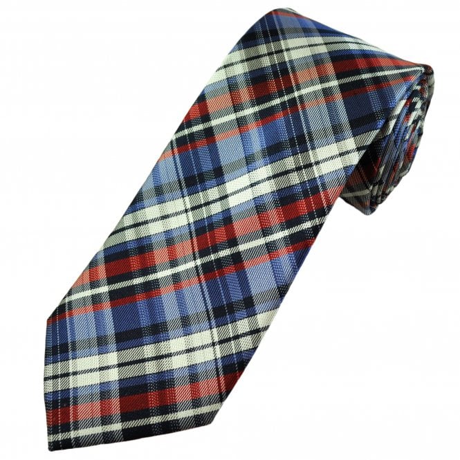 Red, Navy, Silver & Light Blue Checked Luxury Silk Men's Tie
