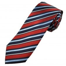 Red, Navy, Sky Blue & White Stripe Men's Silk Tie