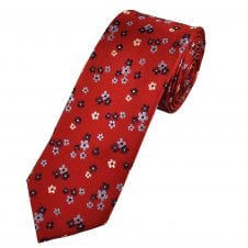 Red, Silver, Light Blue & Navy Blue Flower Patterned Men's Silk Tie