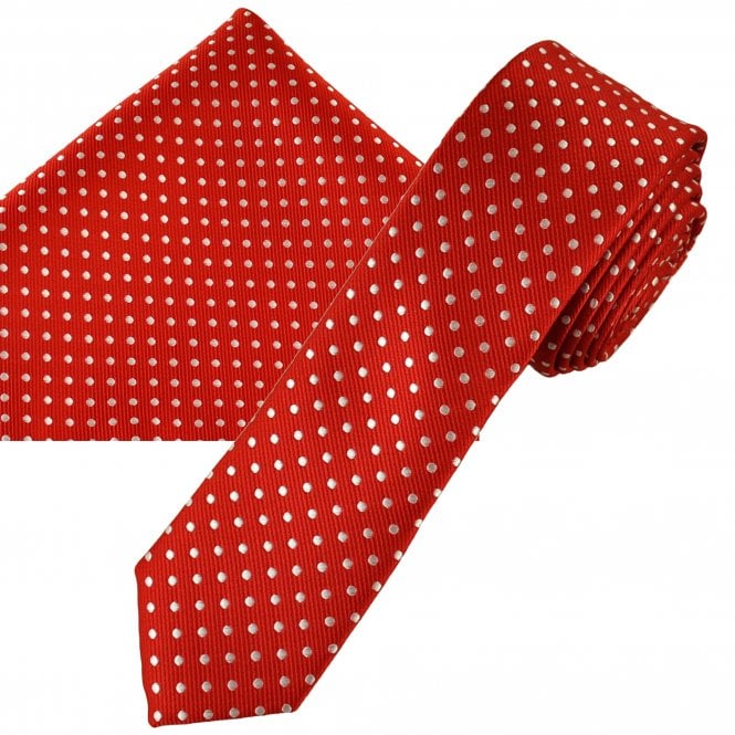 Red & White Polka Dot Men's Skinny Tie & Pocket Square Handkerchief Set