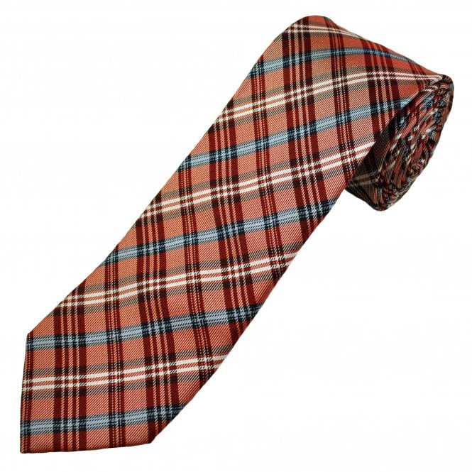 Red, White, Sky Blue & Navy Tartan Checked Men's Silk Narrow Tie