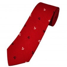 Red with White and Navy Blue Anchors Cotton Men's Tie