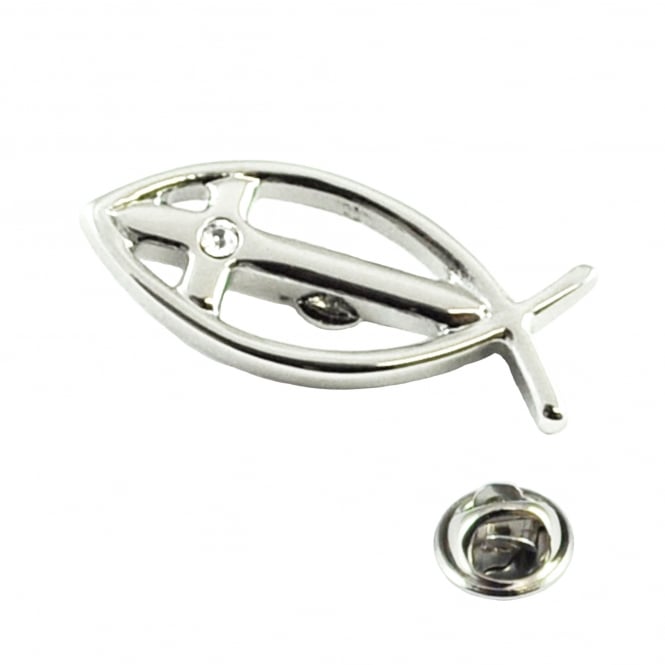 Rhodium Plated Ichthys Christian Lapel Pin Badge With Crystal Cross
