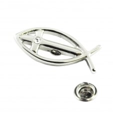 Rhodium Plated Ichthys Christian Lapel Pin Badge With Crystal Cross