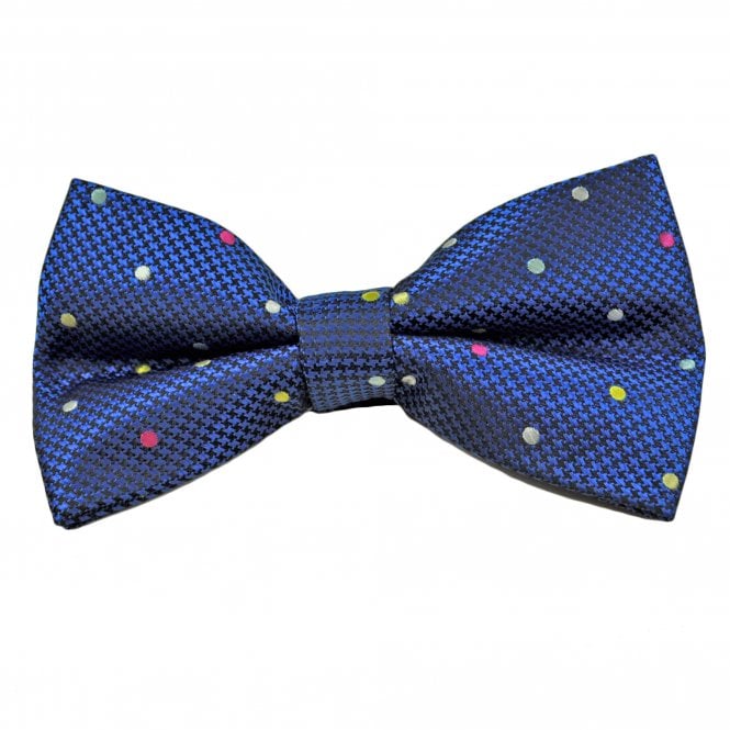 Royal Blue & Black Houndstooth Pattern with Pink, Silver & Yellow Polka Dot Men's Bow Tie