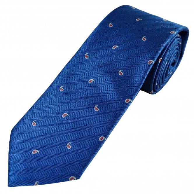 Royal Blue Herringbone Pattern with White & Pink Teardrop Men's Tie