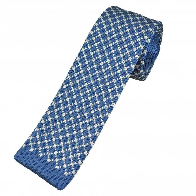 Royal Blue & Ivory Cream Diamond Pattern Men's Skinny Knitted Tie