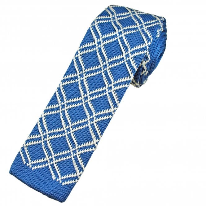 Royal Blue & Ivory Diamond Checked Men's Skinny Knitted Tie