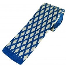 Royal Blue & Ivory Diamond Pattern Men's Knitted Tie