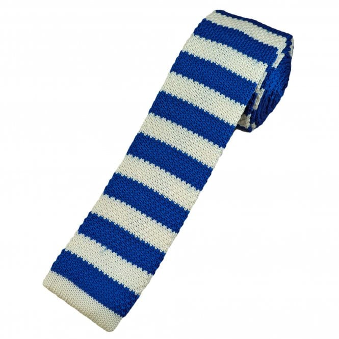 Royal Blue & Ivory Horizontal Stripe Men's Skinny Knitted Tie
