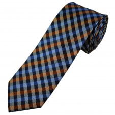 Royal Blue, Navy, Rust Orange & White Checked Men's Silk Narrow Tie