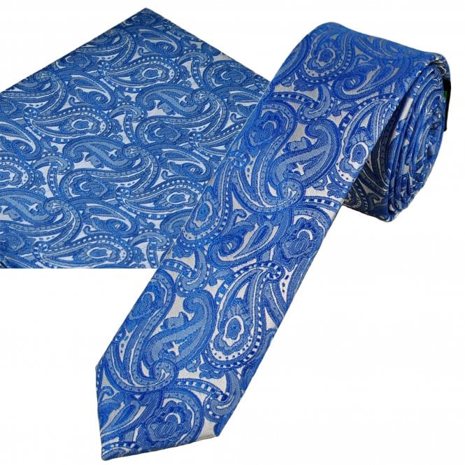 Royal Blue Paisley Pattern Men's Skinny Tie & Pocket Square Handkerchief Set