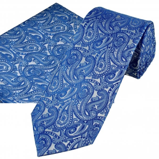 Royal Blue Paisley Pattern Men's Tie & Pocket Square Handkerchief Set