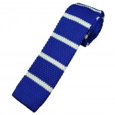 Royal Blue & White Horizontal Stripe Men's Skinny Knitted Tie