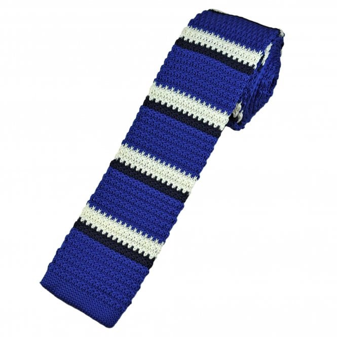 Royal Blue, White & Navy Blue Horizontal Stripe Men's Skinny Knitted Tie