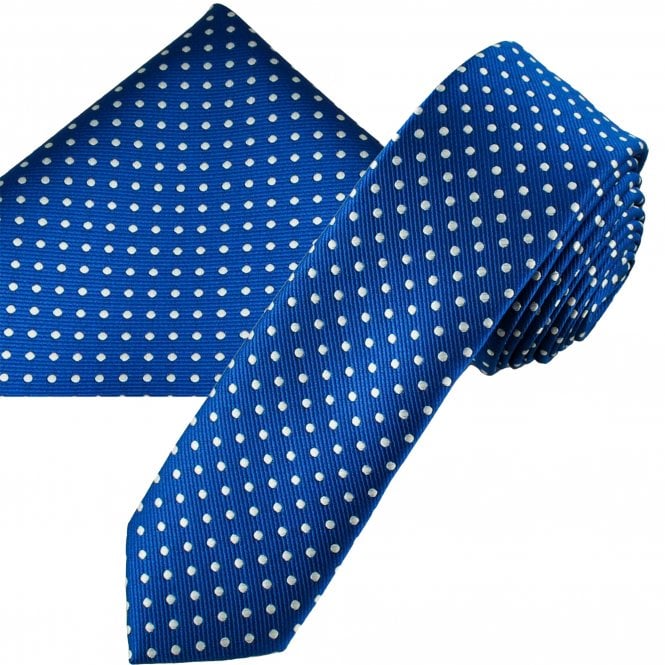 Royal Blue & White Polka Dot Men's Skinny Tie & Pocket Square Handkerchief Set