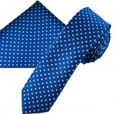 Royal Blue & White Polka Dot Men's Skinny Tie & Pocket Square Handkerchief Set