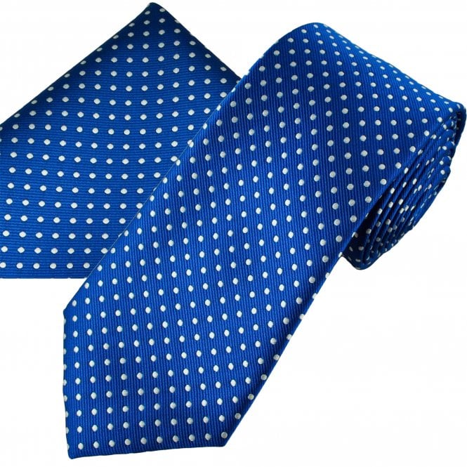 Royal Blue & White Polka Dot Men's Tie & Pocket Square Handkerchief Set