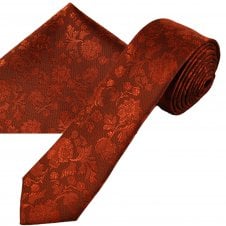 Rust Orange Floral Pattern Men's Skinny Tie & Pocket Square Handkerchief Set