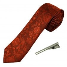 Rust Orange Floral Pattern Men's Skinny Tie with Tie Clip