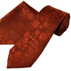 Rust Orange Floral Pattern Men's Tie & Pocket Square Handkerchief Set