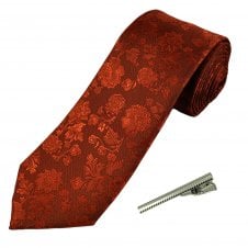 Rust Orange Floral Pattern Men's Tie with Tie Clip