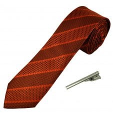 Rust Orange Striped Men's Skinny Tie with Tie Clip