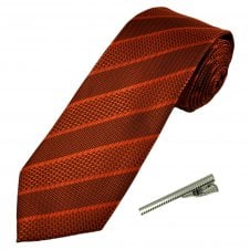 Rust Orange Striped Men's Tie with Tie Clip