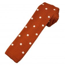 Rust Orange & White Polka Dot Men's Skinny Knitted Tie