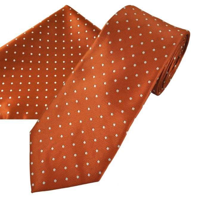 Rust Orange & White Polka Dot Men's Tie & Pocket Square Handkerchief Set