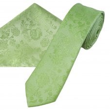 Sage Green Floral Pattern Men's Skinny Tie & Pocket Square Handkerchief Set