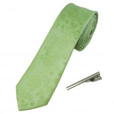 Sage Green Floral Pattern Men's Skinny Tie with Tie Clip