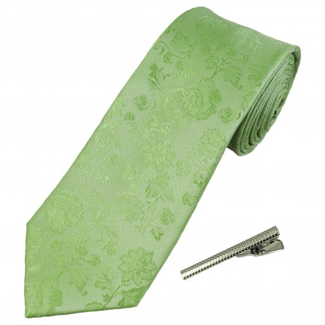 Sage Green Floral Pattern Men's Tie with Tie Clip