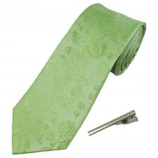 Sage Green Floral Pattern Men's Tie with Tie Clip