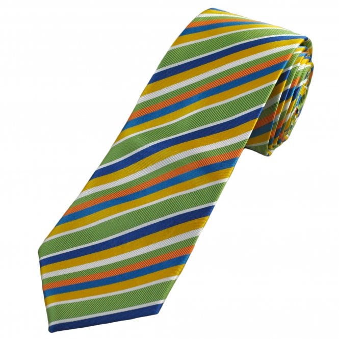 Sage Green, Gold, Orange, Blue & White Striped Men's Extra Long Tie