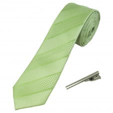 Sage Green Striped Men's Skinny Tie with Tie Clip