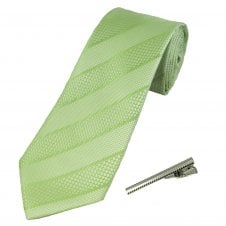 Sage Green Striped Men's Tie with Tie Clip