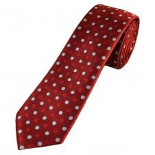 Scarlet Red with Silver & Red Polka Dot Pattern Men's Skinny Tie