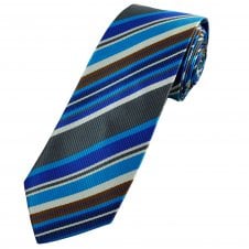 Shades of Blue, Grey, Brown & White Striped Men's Extra Long Tie